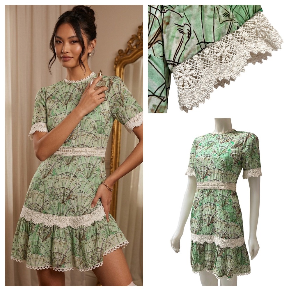 Never Fully Dressed Green Seashell Print Mini Dress Lace Preppy Coquette Size 4‎